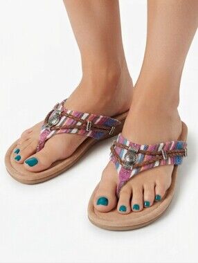 Minnetonka Silverthorne 360 Thong Sandals Striped Denim Beaded Size 10